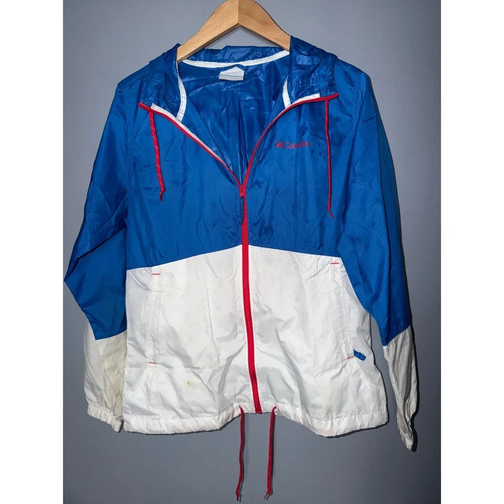 Columbia Sportswear Blue White Colorblock Full Zip Hooded Windbreaker Jacket S